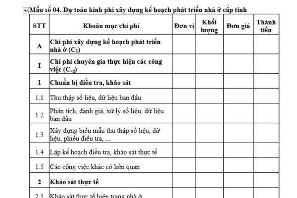 Mẫu dự toán kinh phí xây dựng kế hoạch phát triển nhà ở cấp tỉnh mới nhất? Tải về mẫu này tại đâu?