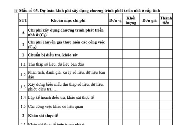 Mẫu dự toán kinh phí xây dựng chương trình phát triển nhà ở cấp tỉnh là mẫu nào? Tải mẫu tại đâu?