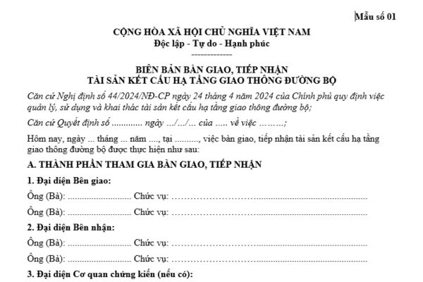 Mẫu biên bản bàn giao, tiếp nhận tài sản kết cấu hạ tầng giao thông đường bộ là mẫu nào theo quy định?