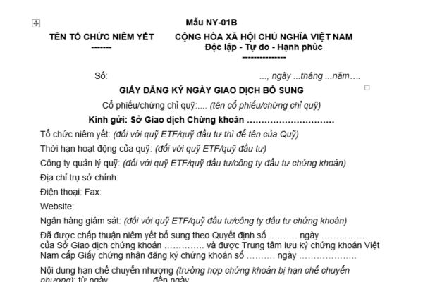 Mẫu giấy đăng ký ngày giao dịch bổ sung trong thị trường chứng khoán