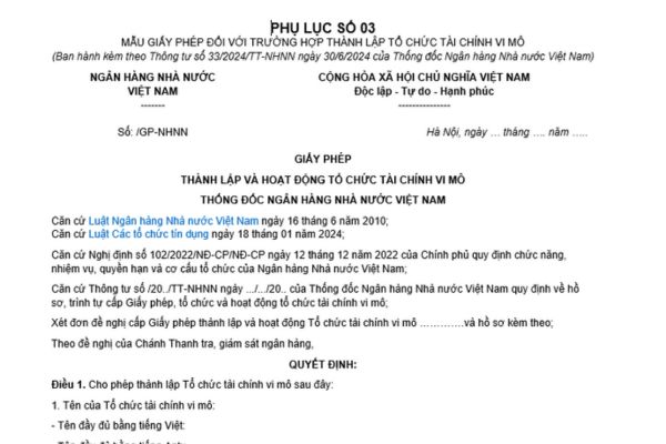 Mẫu giấy phép thành lập và hoạt động tổ chức tài chính vi mô? Giấy phép thành lập và hoạt động tổ chức tài chính vi mô được cấp trong bao lâu?