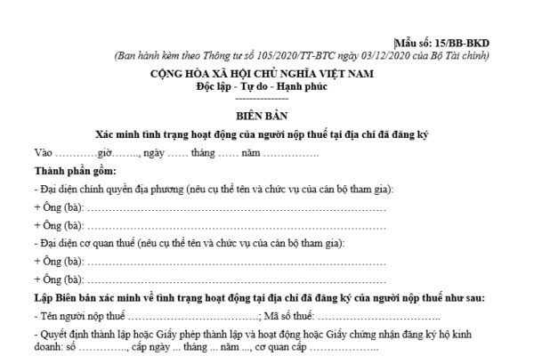 Mẫu biên bản xác minh tình trạng hoạt động của người nộp thuế tại địa chỉ đã đăng ký? Tải mẫu tại đâu?