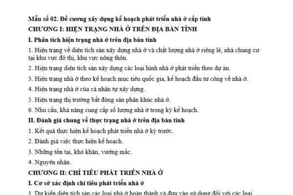 Mẫu đề cương xây dựng kế hoạch phát triển nhà ở cấp tỉnh mới nhất là mẫu nào? Tải về mẫu này tại đâu?