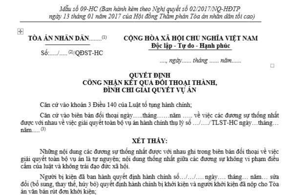 mẫu quyết định công nhận kết quả đối thoại thành, đình chỉ giải quyết vụ án hành chính