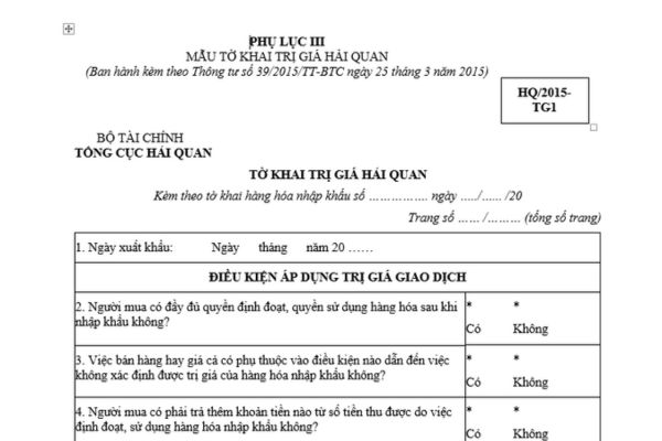 Mẫu Tờ khai trị giá hải quan để khai báo trị giá hải quan theo phương pháp trị giá giao dịch của hàng hóa nhập khẩu mới nhất?