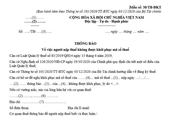 Mẫu thông báo về việc mã số thuế của người nộp thuế không được khôi phục là mẫu nào? Tải mẫu tại đâu?