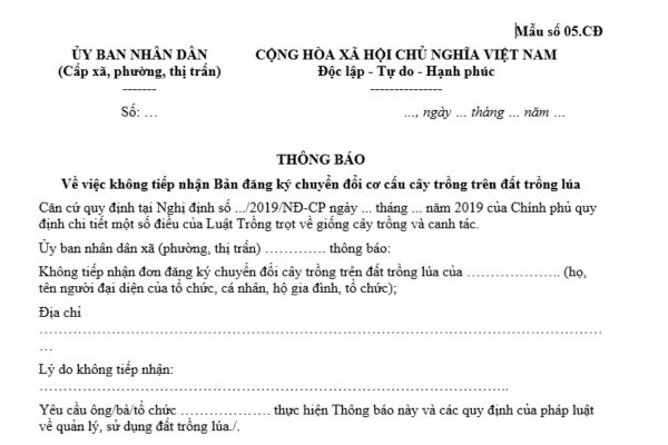 Mẫu thông báo không tiếp nhận bản đăng ký chuyển đổi cơ cấu cây trồng trên đất trồng lúa là mẫu nào?