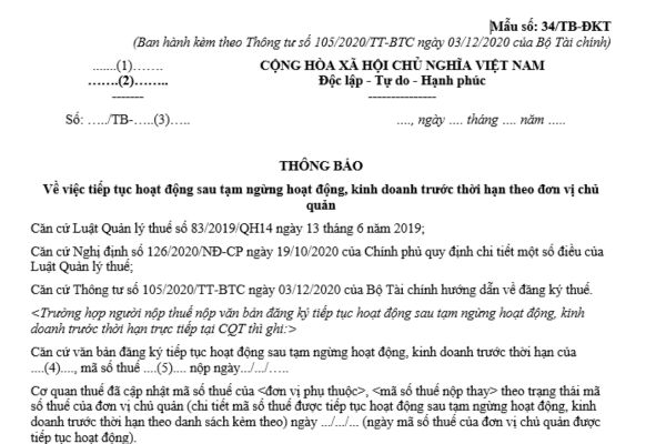 Mẫu thông báo về việc tiếp tục hoạt động kinh doanh trước thời hạn theo đơn vị chủ quản? Tải mẫu tại đâu?