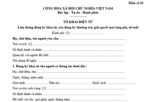 Mẫu tờ khai điện tử liên thông đăng ký khai tử, xóa đăng ký thường trú, giải quyết mai táng phí, tử tuất?