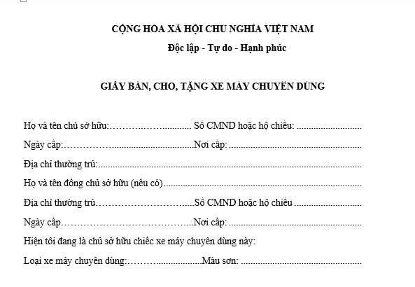 Mẫu giấy bán, cho, tặng xe máy chuyên dùng