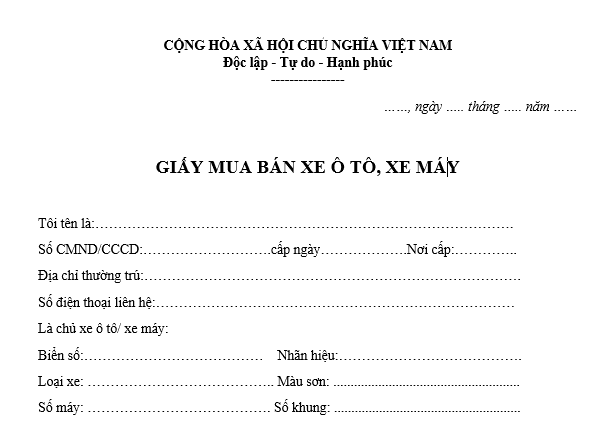 Mẫu giấy mua bán xe ô tô, xe máy viết tay