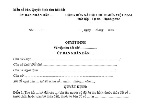 Mẫu quyết định thu hồi đất -1