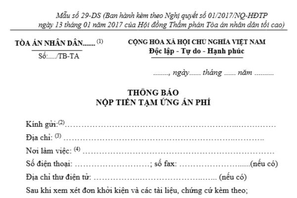 Mẫu thông báo nộp tiền tạm ứng án phí trong tố tụng dân sự