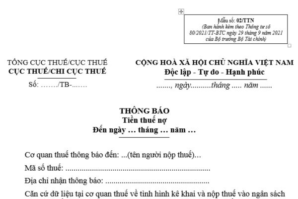 Mẫu Thông báo tiền thuế nợ