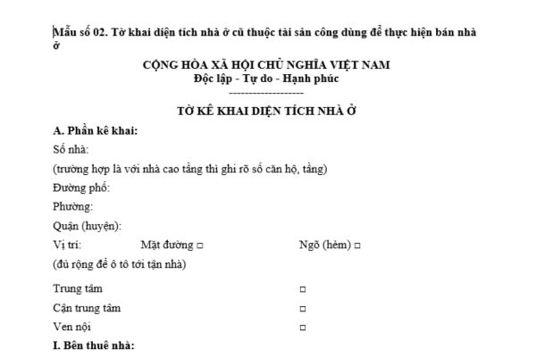 Mẫu tờ khai diện tích nhà ở cũ thuộc tài sản công dùng để thực hiện bán nhà ở? Tải về mẫu tại đâu?