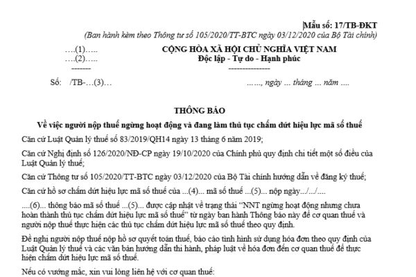 Mẫu Thông báo về việc người nộp thuế ngừng hoạt động và đang làm thủ tục chấm dứt hiệu lực mã số thuế?