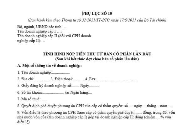 Mẫu báo cáo tình hình nộp tiền thu từ bán cổ phần lần đầu sau khi kết thúc đợt chào bán cổ phần lần đầu của doanh nghiệp cấp 1 thực hiện cổ phần hóa