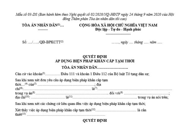 Mẫu quyết định áp dụng biện pháp khẩn cấp tạm thời dành cho Thẩm phán