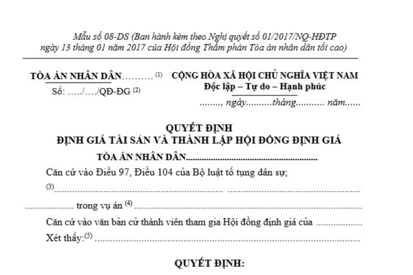 Mẫu quyết định định giá tài sản và thành lập Hội đồng định giá