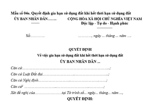 Mẫu quyết định gia hạn sử dụng đất khi hết thời hạn sử dụng đất