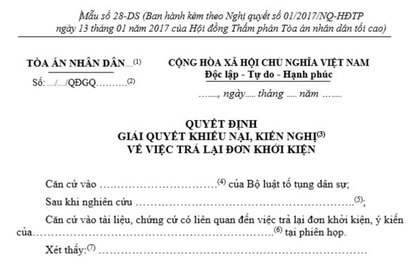 Mẫu quyết định giải quyết khiếu nại, kiến nghị việc trả lại đơn khởi kiện