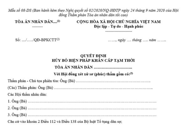 Mẫu quyết định hủy bỏ biện pháp khẩn cấp tạm thời dành cho Hội đồng xét xử sơ thẩm và Hội đồng xét xử phúc thẩm