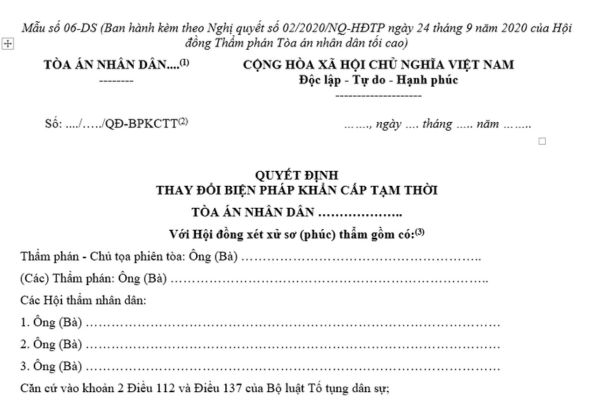 Mẫu quyết định thay đổi biện pháp khẩn cấp tạm thời dành cho Hội đồng xét xử sơ thẩm và Hội đồng xét xử phúc thẩm