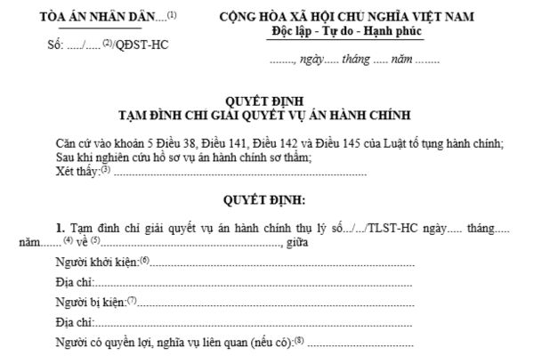 Mẫu quyết định tạm đình chỉ giải quyết vụ án hành chính dành cho Thẩm phán