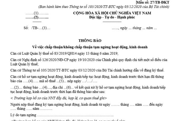 Mẫu thông báo chấp thuận hoặc không chấp thuận tạm ngừng hoạt động, kinh doanh? Tải mẫu tại đâu?