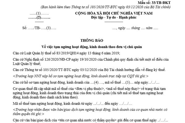 Mẫu thông báo về việc tạm ngừng hoạt động, kinh doanh theo đơn vị chủ quản? Tải về mẫu tại đâu?