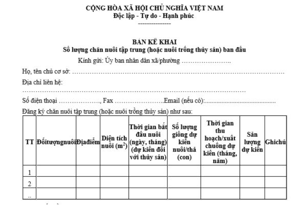 Thiệt hại gia súc gia cầm và thủy hải sản do bão số 3 (bão Yagi) và lũ lụt, kê khai số lượng chăn nuôi tập trung (hoặc nuôi trồng thủy sản) ban đầu theo mẫu nào?