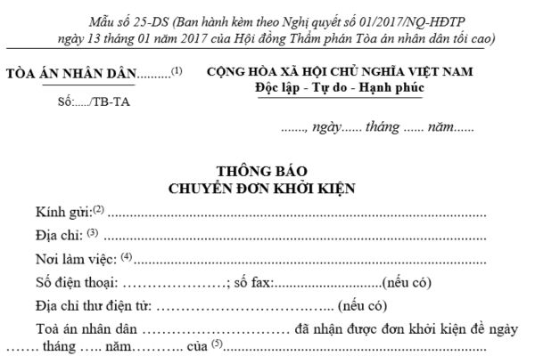 Mẫu thông báo chuyển đơn khởi kiện vụ án dân sự