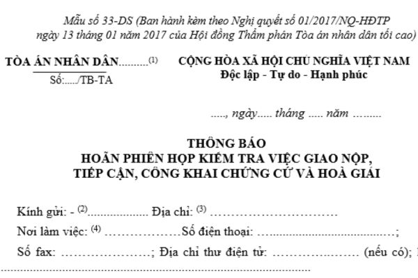 Mẫu thông báo hoãn phiên họp kiểm tra việc giao nộp, tiếp cận, công khai chứng cứ và hòa giải