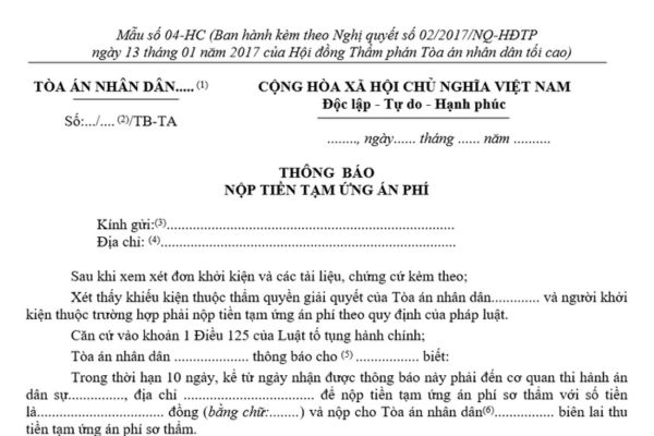 Mẫu thông báo nộp tiền tạm ứng án phí