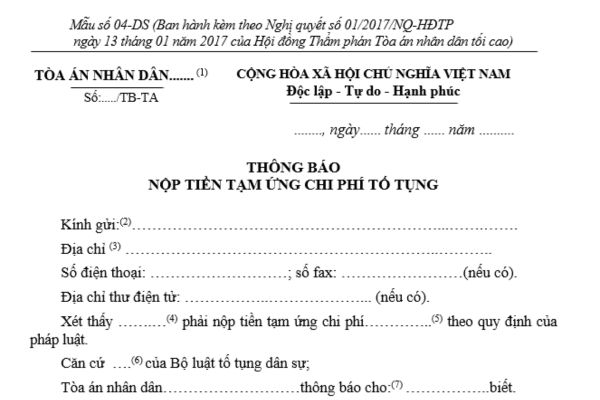 Mẫu thông báo nộp tiền tạm ứng chi phí tố tụng