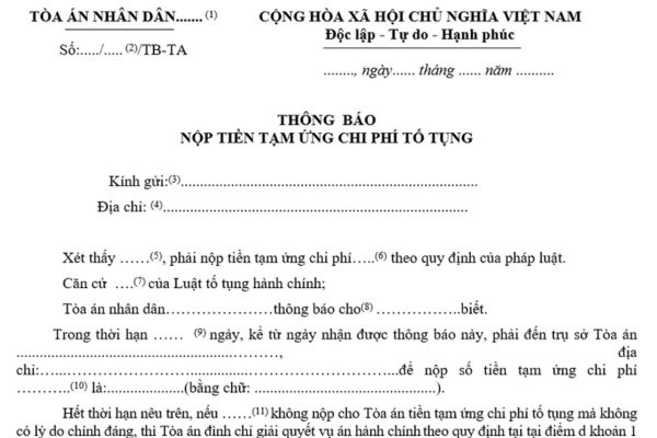 Mẫu thông báo nộp tiền tạm ứng chi phí tố tụng