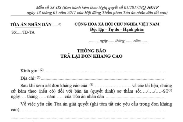 Mẫu thông báo trả lại đơn kháng cáo