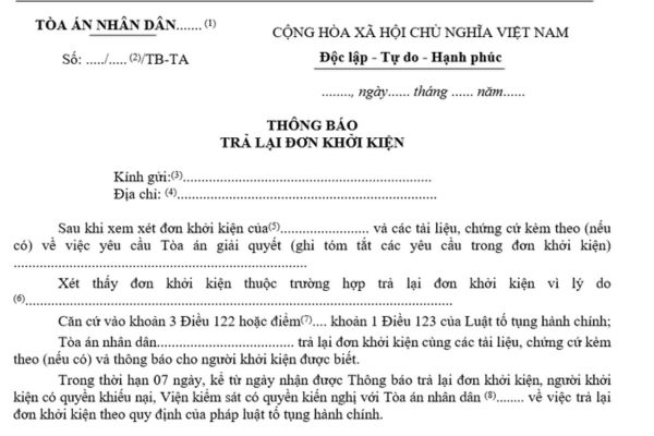 Mẫu thông báo trả lại đơn khởi kiện