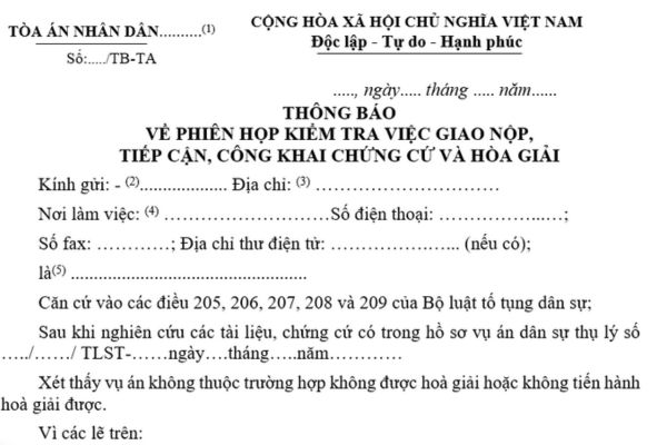 Mẫu thông báo về phiên họp kiểm tra việc giao nộp, tiếp cận, công khai chứng cứ và hòa giải