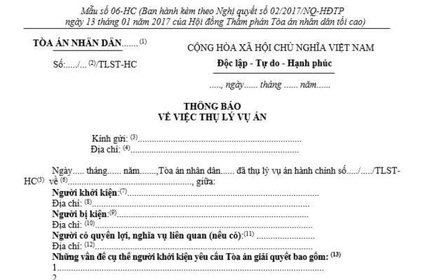 Mẫu thông báo về việc thụ lý vụ án