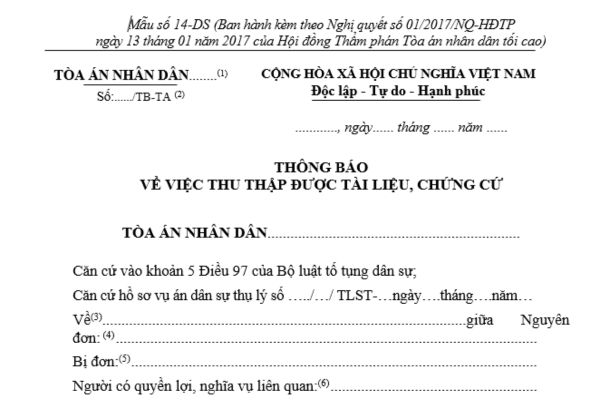 Mẫu thông báo về việc thu thập được tài liệu, chứng cứ