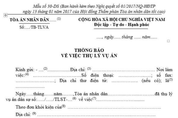 Mẫu thông báo về việc thụ lý vụ án dân sự mới nhất hiện nay?