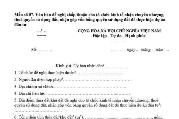 Mẫu đề nghị chấp thuận cho tổ chức kinh tế thuê quyền sử dụng đất để thực hiện dự án đầu tư