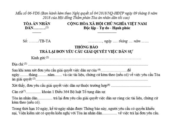 Mẫu thông báo trả lại đơn yêu cầu giải quyết việc dân sự