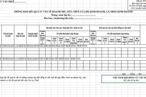 Mẫu thông báo kết quả tư vấn về doanh thu, mức thuế của hộ kinh doanh, cá nhân kinh doanh? Tải mẫu tại đâu?