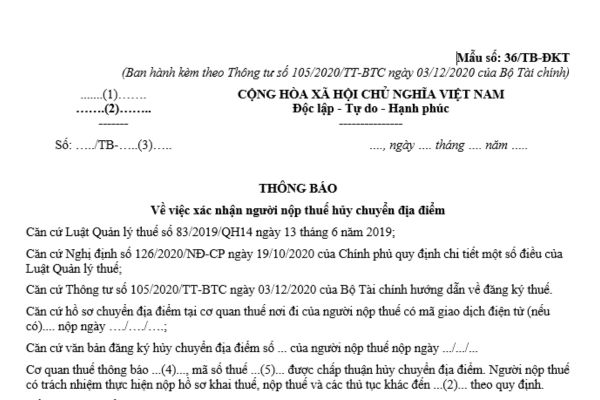 Mẫu thông báo về việc xác nhận người nộp thuế hủy chuyển địa điểm là mẫu nào? Tải về mẫu tại đâu?