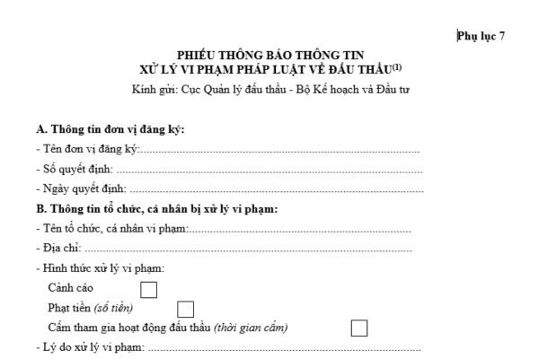 Mẫu phiếu thông báo thông tin xử lý vi phạm pháp luật về đấu thầu là mẫu nào? Tải về mẫu tại đâu?