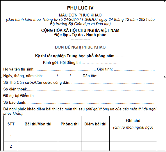 Mẫu đơn phúc khảo THPT