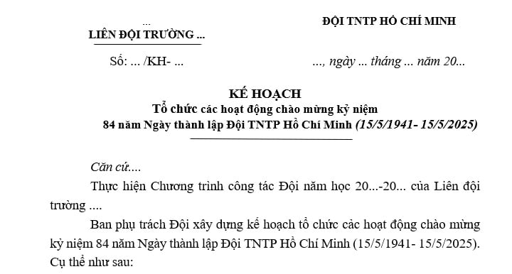Kế hoạch tổ chức kỷ niệm 84 năm Ngày thành lập Đội TNTP? Tải về Mẫu Kế hoạch tổ chức Ngày thành lập Đội 15 5?