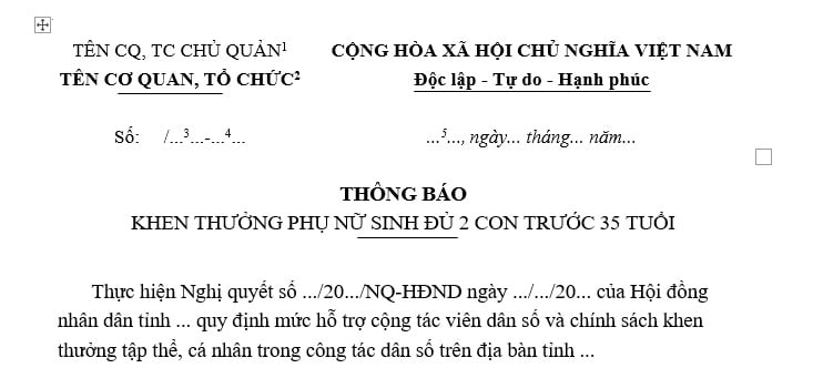 Thông báo thưởng Phụ nữ sinh đủ 2 con trước 35 tuổi mới nhất thế nào? Tải về Mẫu Thông báo thưởng Phụ nữ sinh đủ 2 con trước 35 tuổi?
